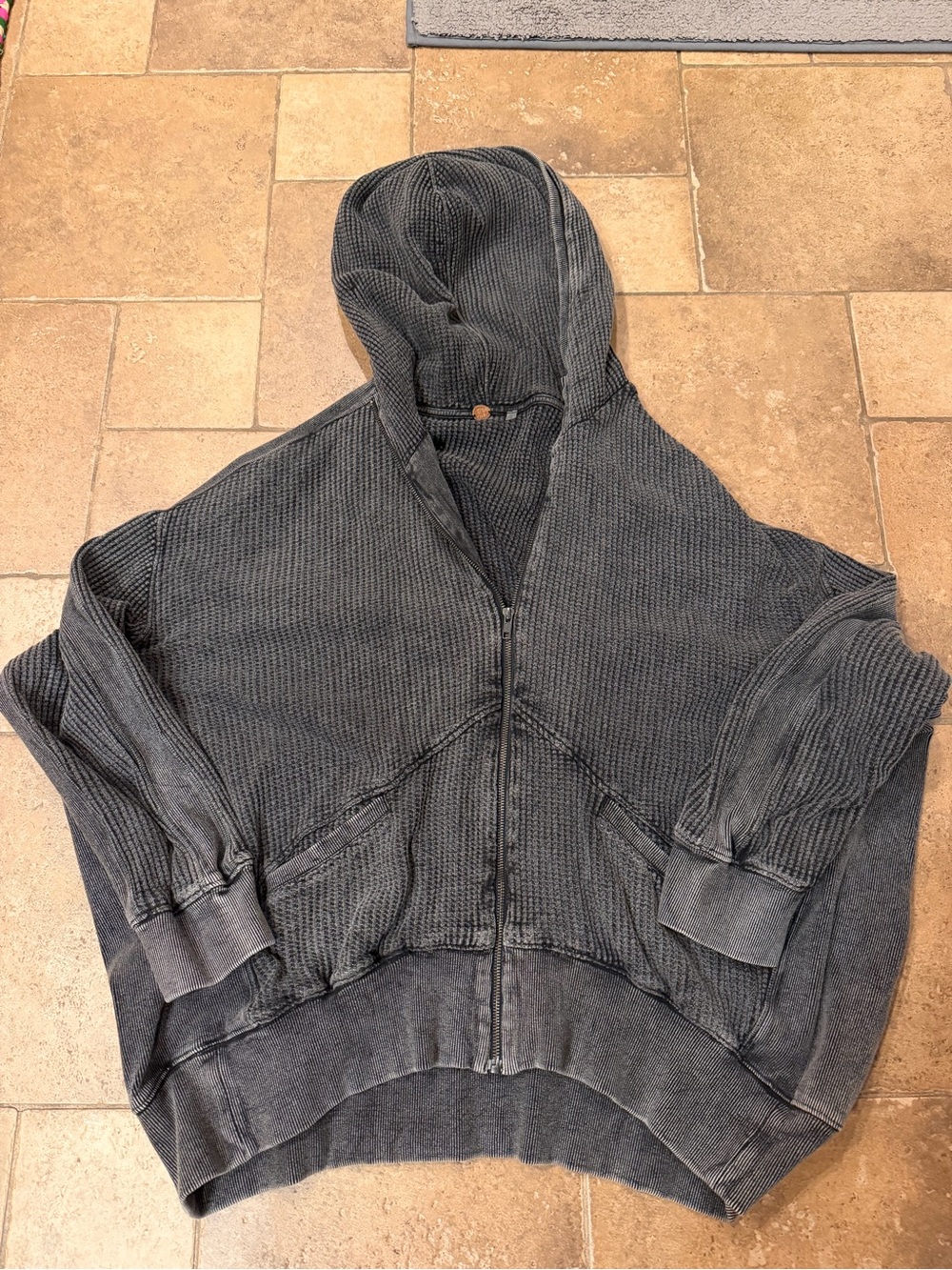 Free People Charcoal Ribbed Waffle-Knit Zip Hoodie
